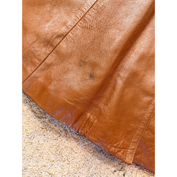 Vintage 70s Caramel Brown Genuine Leather Long Coat Women's Trench Retro 12 Edgy - Picture 15 of 16